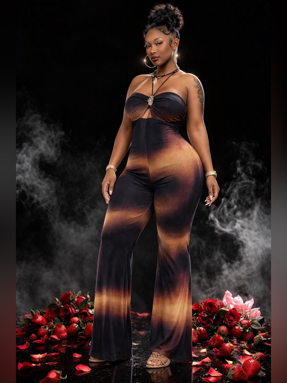 Fashion Nova Black and Brown Strapless Jumpsuit